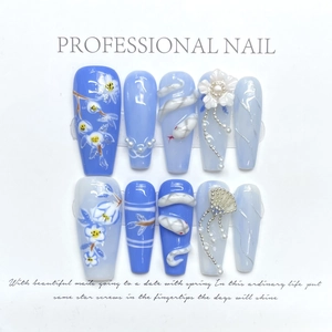 Handmade Press On Nails 3D Carved Flowers Artificial Pearl Decoration Blue White Gradient Long Coffin Style For Women