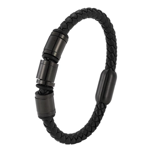 Mens black braided leather bracelet with black metal beads and magnetic clasp on white background