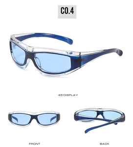 Three-view display of blue sports sunglasses showing front, back, and 45-degree angles