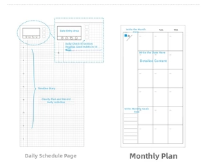Detail view of the notebook interior showing the 24-hour timeline and monthly grid planner