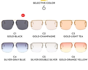 Matrix display of fashion rimless sunglasses with metal double bridge and rivet details
