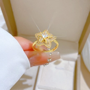 Rotierender Doppelschicht Blumenring Messing Zirkon Vergoldet Verstellbar Eleganter Schmuck Für Damen