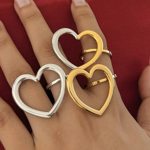 Large Hollow Heart Ring Stainless Steel Over-sized Polished Two-tone Gold Silver Finger Jewelry Fashion Casual For Women