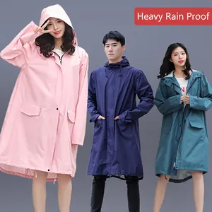Long waterproof hooded rain jacket for adults in pink, navy and blue outdoor trench coat