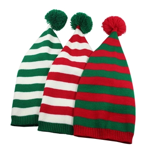 Three festive knit Christmas elf beanies in red, green and white stripes with top pom-poms