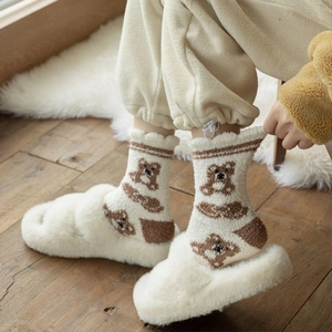 Warm coral fleece crew socks with cute bear pattern for winter indoor lounging