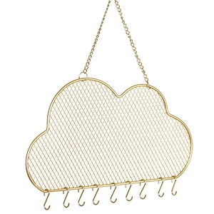 Cloud-shaped gold metal wall grid jewelry organizer with hooks for earrings and necklaces