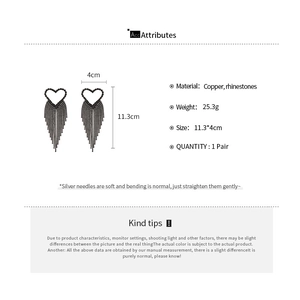 Detailed size chart for black rhinestone heart tassel earrings with copper material specs
