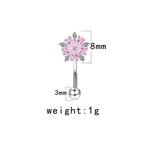 Detail showing pink zircon flower navel ring with 8mm diameter and 3mm bottom bead size