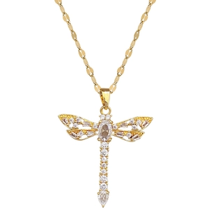 Luxurious gold dragonfly pendant necklace with hollow wings and sparkling zircon crystals