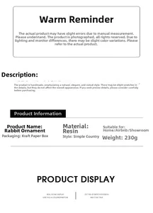 Detailed specification list for resin rabbit figurine including material weight and dimensions