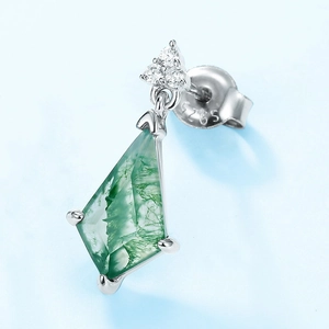 Kite-shaped S925 silver stud earring featuring green moss agate and small white crystals