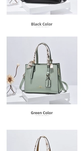 Detailed view of the matte leather handbag with decorative scarf and logo in black and green