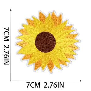Detailed view of sunflower embroidery patch with size dimensions 7cm by 7cm