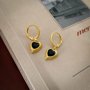 Vintage Matte Gold Alloy Heart Drop Hoop Earrings With Black Zircon French Style Geometric Jewelry For Women