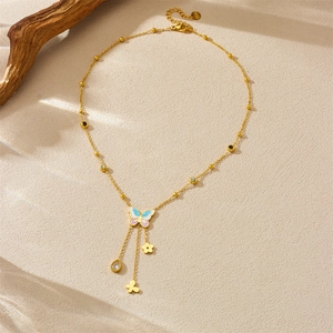 Gold stainless steel butterfly and flower pendant necklace with blue enamel and S925 clasp