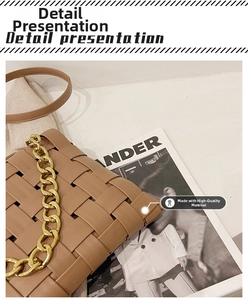 Detailed close-up of brown woven leather texture with decorative chunky gold chain