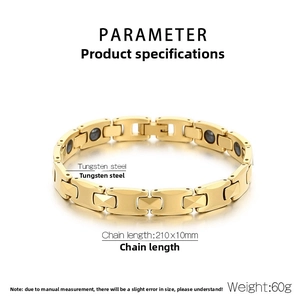 Detail specifications of golden tungsten steel magnetic therapy bracelet 210x10mm