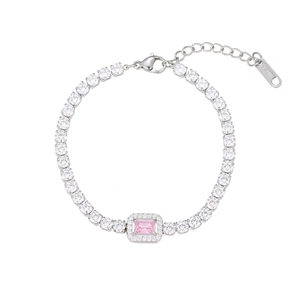 Sparkling silver stainless steel bracelet featuring rectangular pink gem and pavé zircons