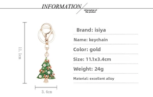 Christmas tree keychain with green enamel and white crystals, size 11.1x3.4cm on white background