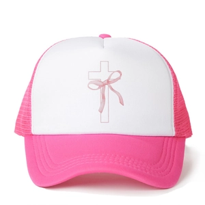 Pink and white trucker hat featuring a cross and ribbon print on sponge panel