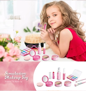 Girl's pretend makeup kit featuring pink eye shadow, lipstick and simulation lotion bottles