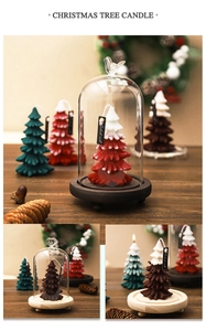 Christmas tree shaped scented candles set with glass covers and rustic wooden bases