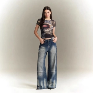 Damen Vintage Distressed Wide Leg Jeans Baumwolle Denim Washed Retro Flügel Print Gesäßtasche Casual Streetwear