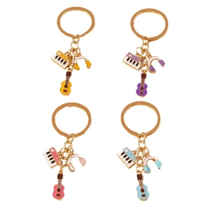 Musical instrument keychains with guitar, piano, and headphones in four vibrant colors