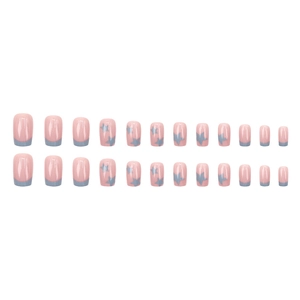 Faux ongles roses style français avec pointes bleues et motifs étoiles, lot de 24