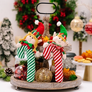Plush Christmas elf candy cane ornaments with red and green stripes for festive decor