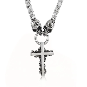 Men Titanium Steel Pendant Necklace Gothic Punk Skull Cross Carved Byzantine Chain Biker Rock Jewelry Heavy Metal Style
