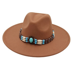 Brown wide brim wool felt jazz hat with ethnic turquoise beaded band decoration