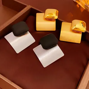 Geometric Double Square Gold Plated Stud Earrings Brushed Metal Alloy With Silver Earring Post Minimalist Fashion For Women