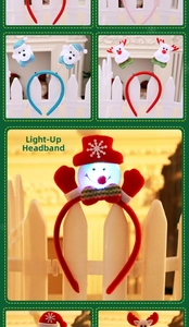 Detail of glowing Christmas reindeer antler headband with plush snowmen and bear decorations
