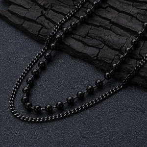 Double Layer Necklace Black Stainless Steel Bead And Cuban Chain Vintage Retro Layered Jewelry Unisex