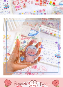 Close-up of a clear protective phone case featuring cute astronaut bear and planet prints