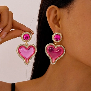 Exaggerated Pink Heart Drop Earrings Alloy Resin Rhinestone With Silver Earring Post Fashion Retro Jewelry For Women