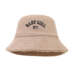 Beige reversible faux suede fisherman hat with sheepskin lining and baby girl embroidery