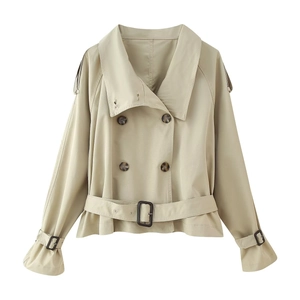 Women's classic beige double-breasted short trench coat with waist belt and lapel collar