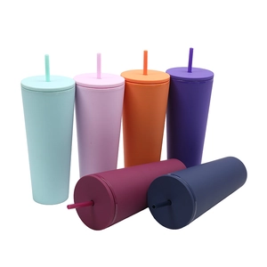 Set of 6 colorful double-walled large capacity plastic tumblers with reusable straws