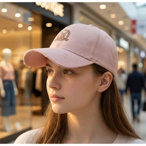 Close-up of pink baseball cap with O.G. embroidery and distressed brim on model