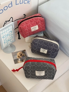 Trousse de Maquillage Matelassée à Carreaux Cœur en Coton Octogonale Organisateur de Cosmétiques Sac de Papeterie pour Femmes Étudiants