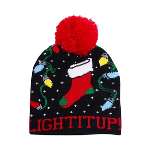 Festive black knit Christmas beanie with red pompom and LIGHT IT UP text for kids and adults