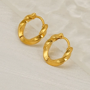 Polished gold-plated twisted rope hoop earrings with minimalist spiral design for women