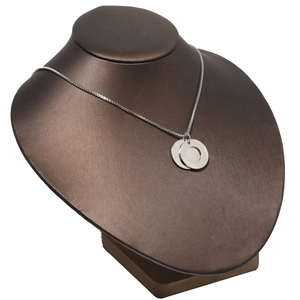 Men's silver stainless steel box chain necklace with double circle pendants on a display