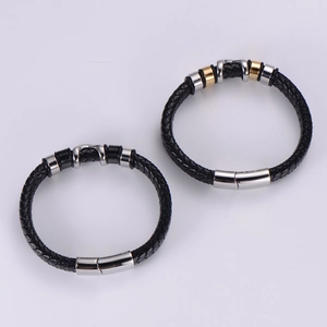 Men's woven leather bracelets with stainless steel magnetic clasps in black and gold