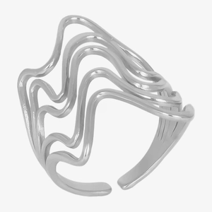 Macro view of geometric silver 304 stainless steel ring with wavy irregular open lines
