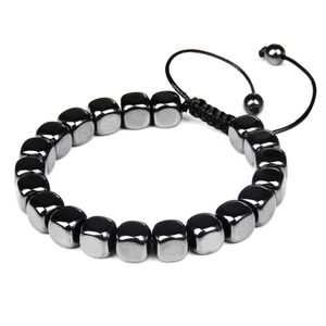 Hematite Beaded Bracelet Adjustable Braided Rope Energy Stone Retro Metallic Luster Geometric Jewelry For Men