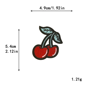 Embroidered cherry patch DIY iron-on applique with dimensions 4.9cm x 5.4cm on white background